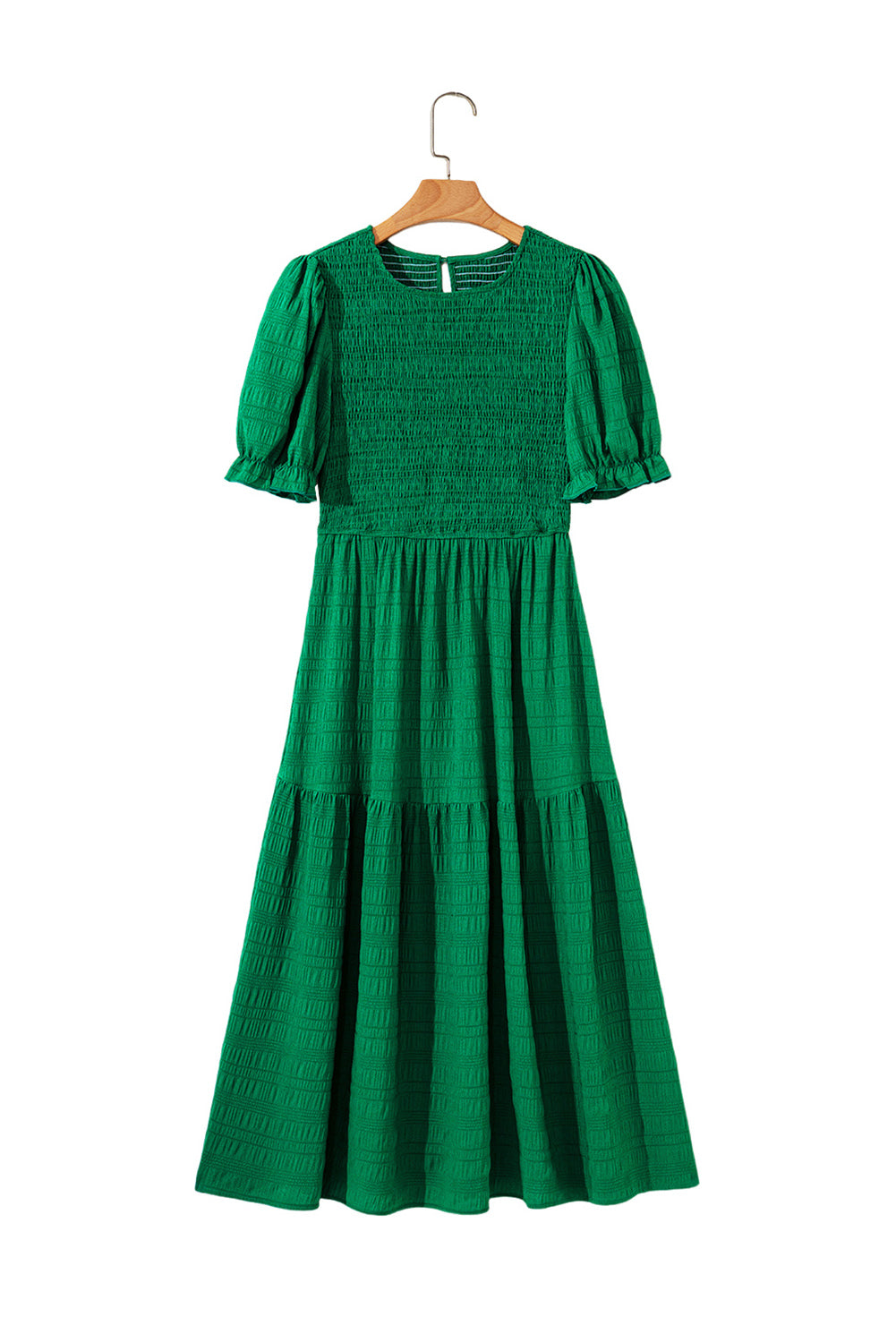 Sail Blue Solid Textured Smocked Puff Short Sleeve High Waist Long Dress
