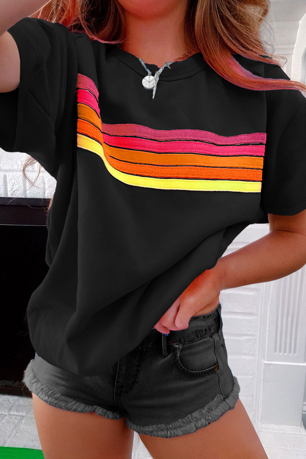 Beau Blue Striped Patch Front Casual Tee