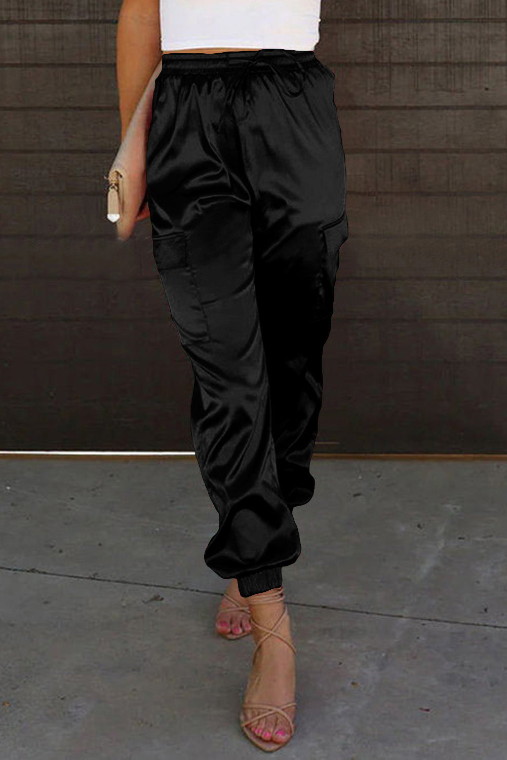Rose Satin Pocketed Drawstring Elastic Waist Pants
