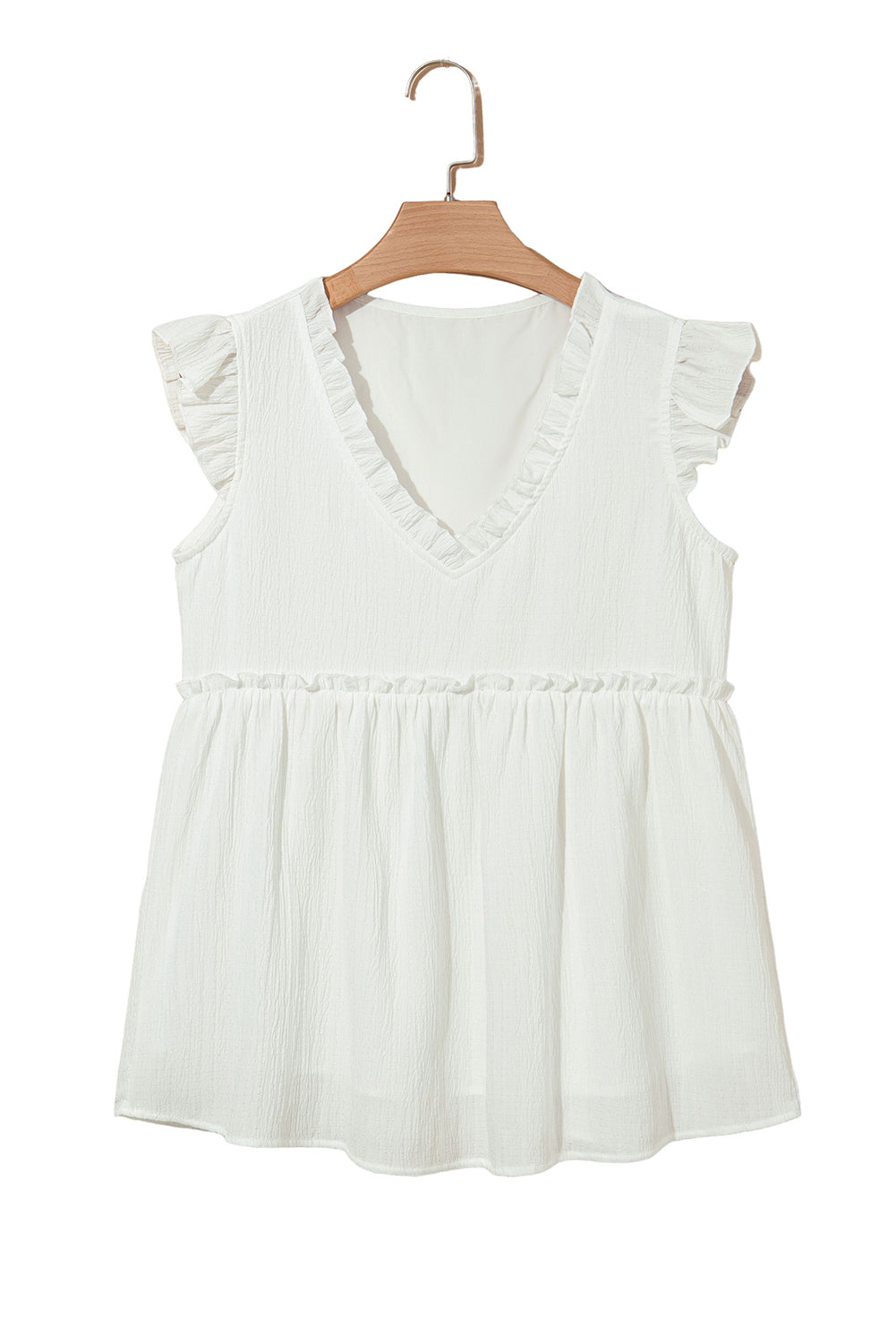 Light Pink Textured Ruffled Trim V Neck Flutter Flowy Top