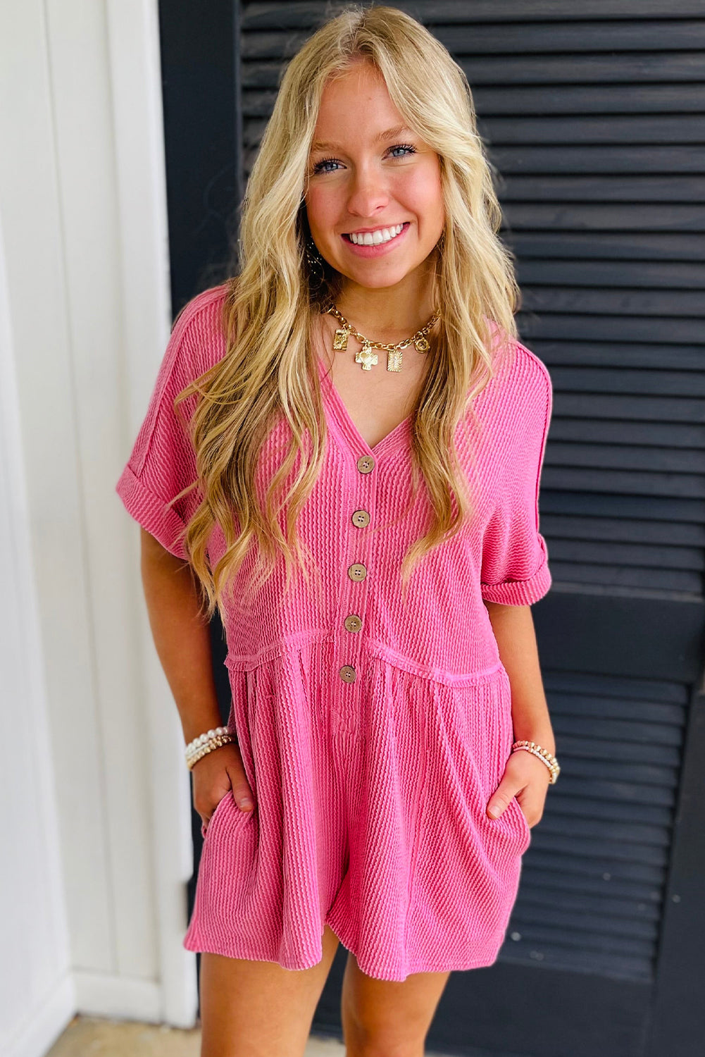 Parchment Spiral Ribbed Short Sleeve V Neck Buttoned Romper with Pocket