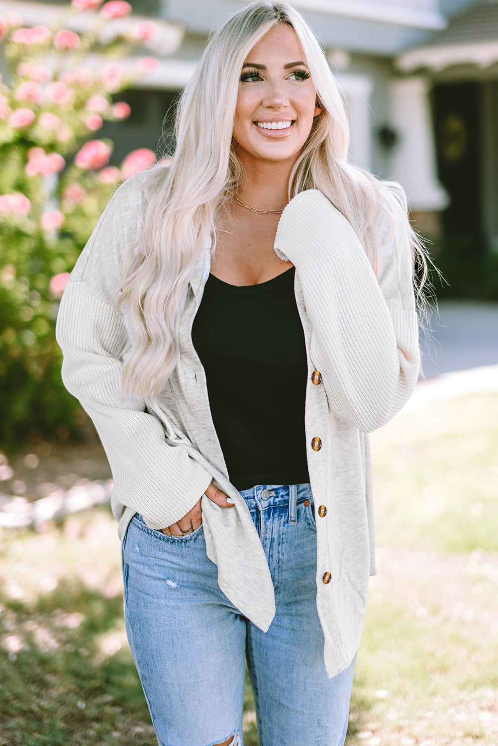 Blackish Green Button Up Contrast Knitted Sleeves Hooded Jacket