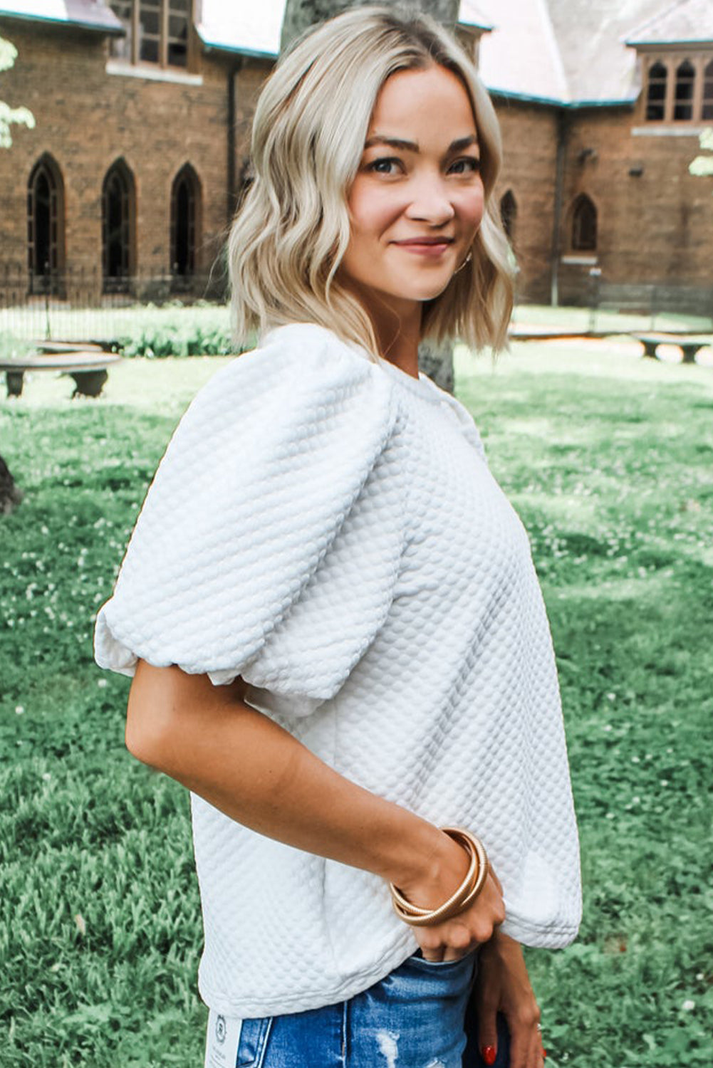 Sea Green Solid Textured O Neck Puff Sleeve Blouse