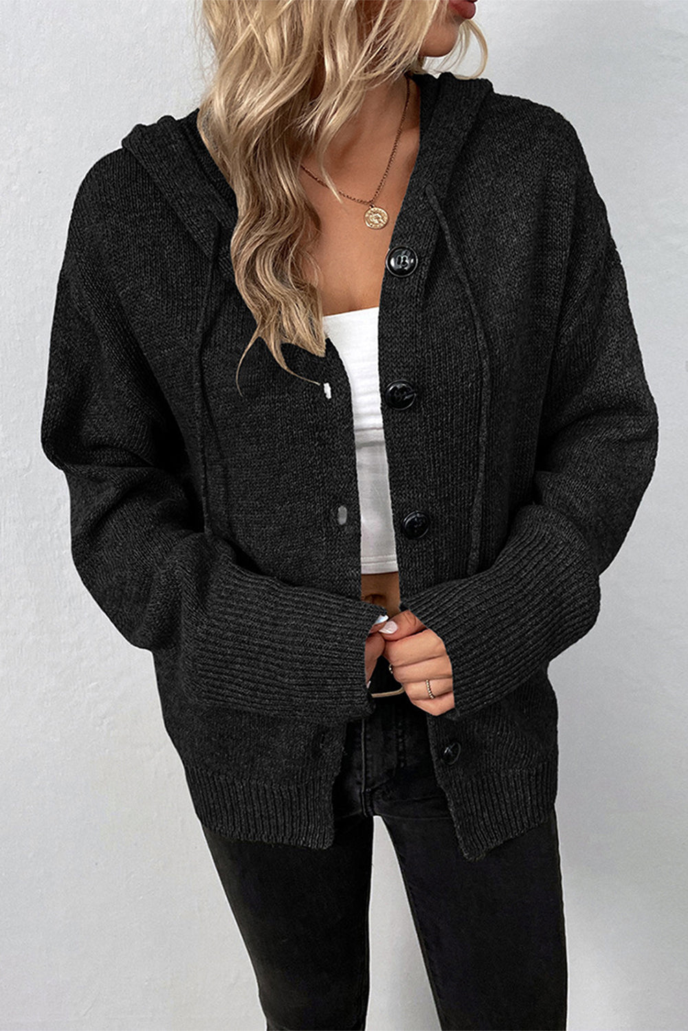 Medium Grey Drawstring Hooded Button Up Drop Shoulder Sweater Cardigan
