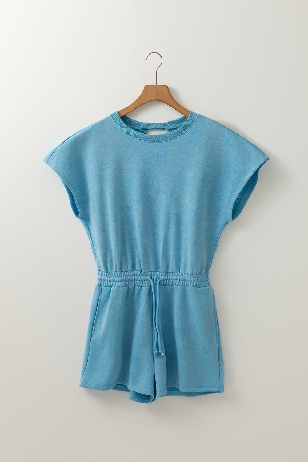 Rose Red Mineral Wash Drawstring Waist Hollow Out Back Short Sleeve Romper