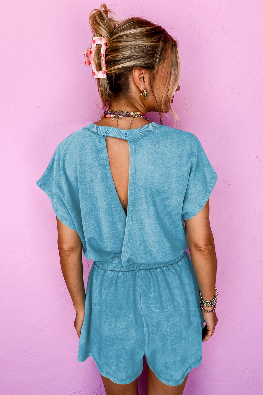 Rose Red Mineral Wash Drawstring Waist Hollow Out Back Short Sleeve Romper