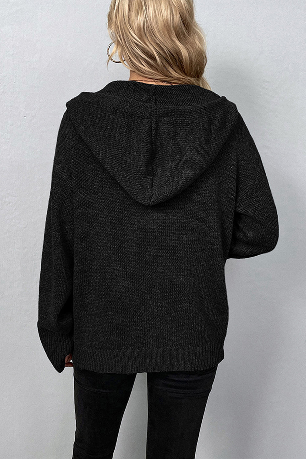 Medium Grey Drawstring Hooded Button Up Drop Shoulder Sweater Cardigan
