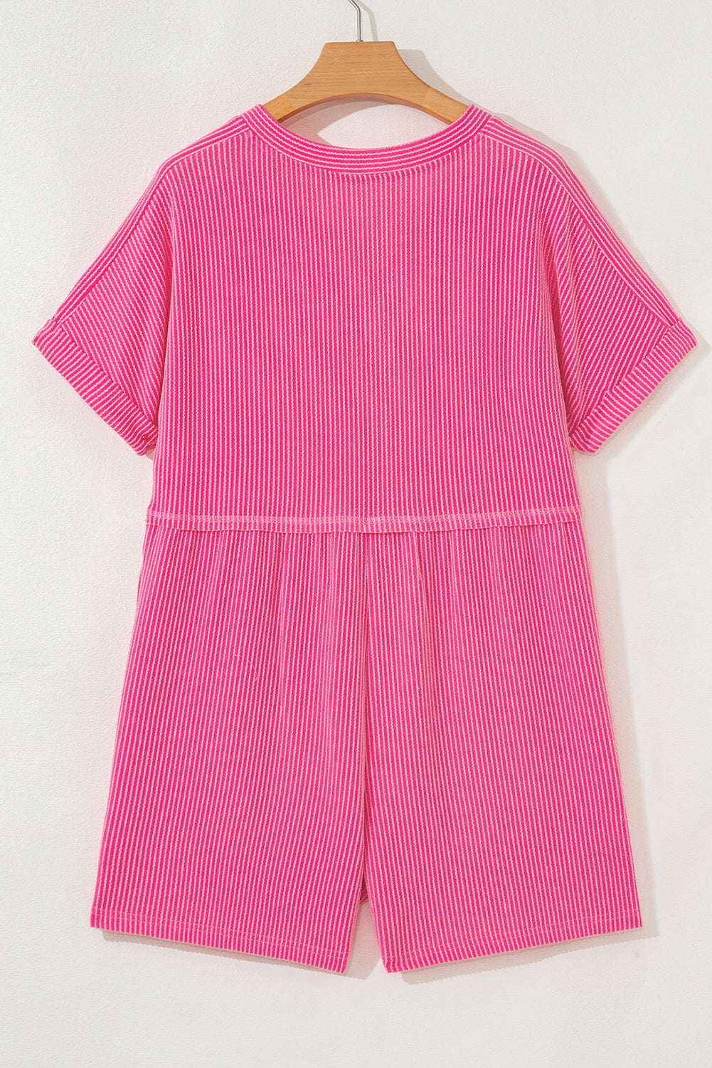 Parchment Spiral Ribbed Short Sleeve V Neck Buttoned Romper with Pocket