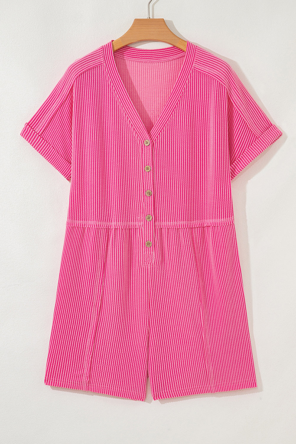 Parchment Spiral Ribbed Short Sleeve V Neck Buttoned Romper with Pocket