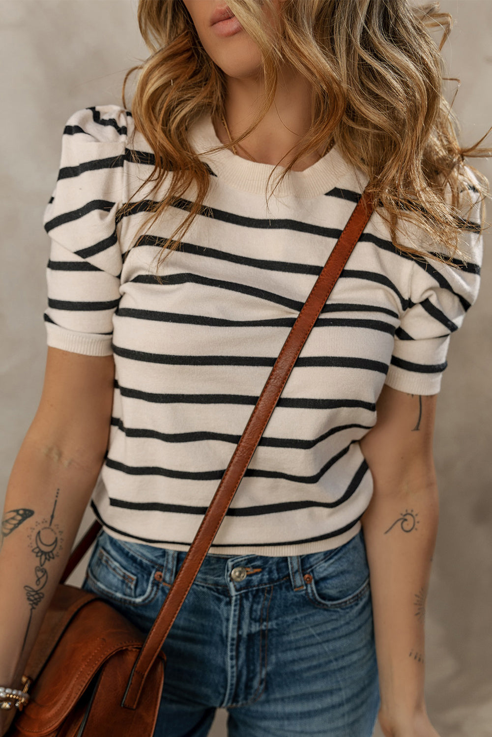 Blue Stripe Ribbed Trim Round Neck Bubble Sleeve Knitted Top