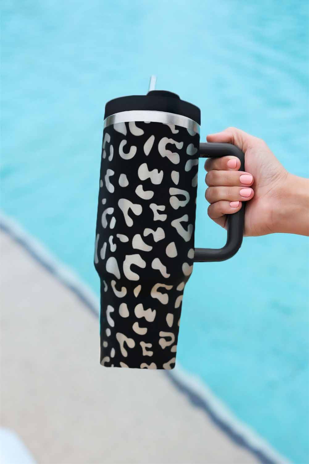 Pink Leopard Print 40OZ Stainless Steel Portable Cup with Handle