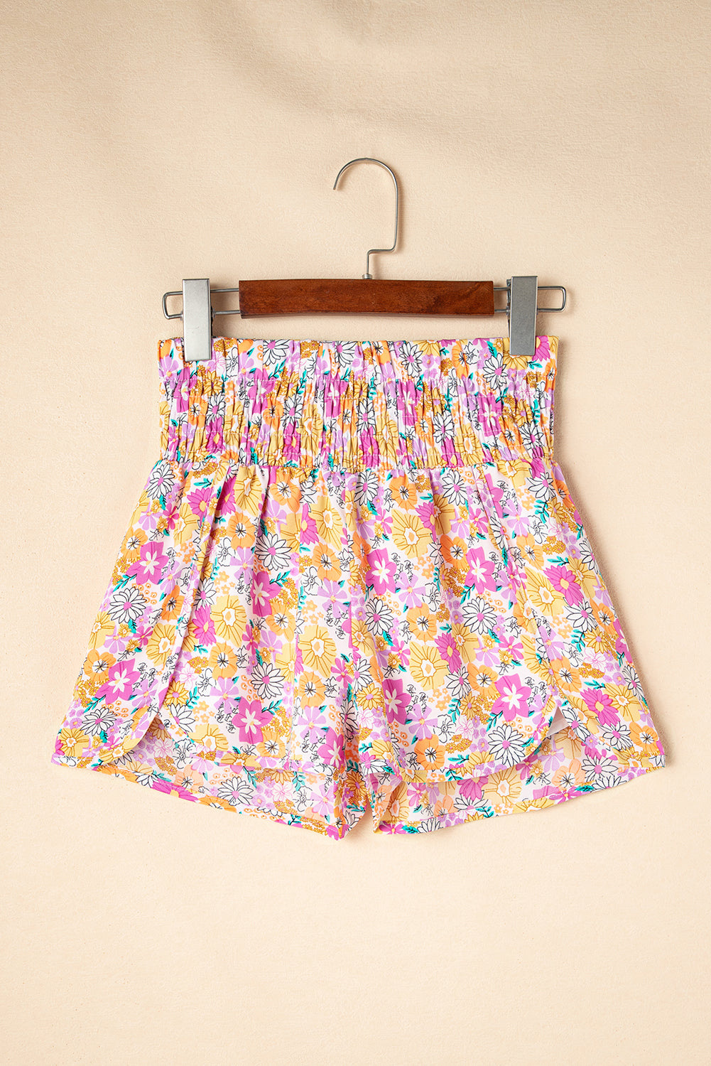 Orange Boho Floral Shirred High Waist Casual Shorts