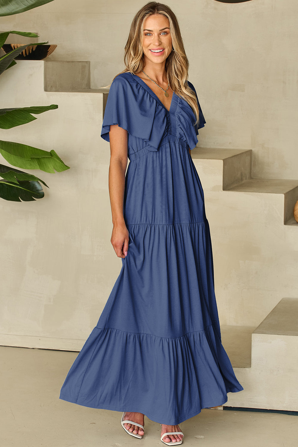 Green Textured V Neck Flutter Sleeve Ruffled Maxi Dress