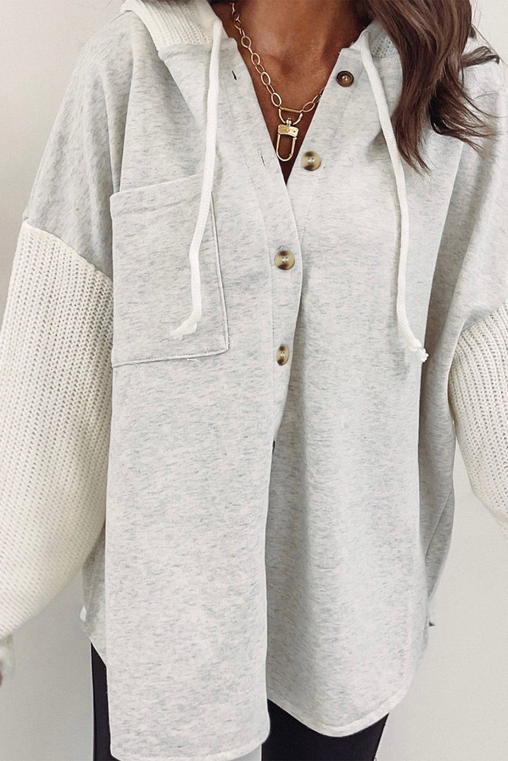 Blackish Green Button Up Contrast Knitted Sleeves Hooded Jacket