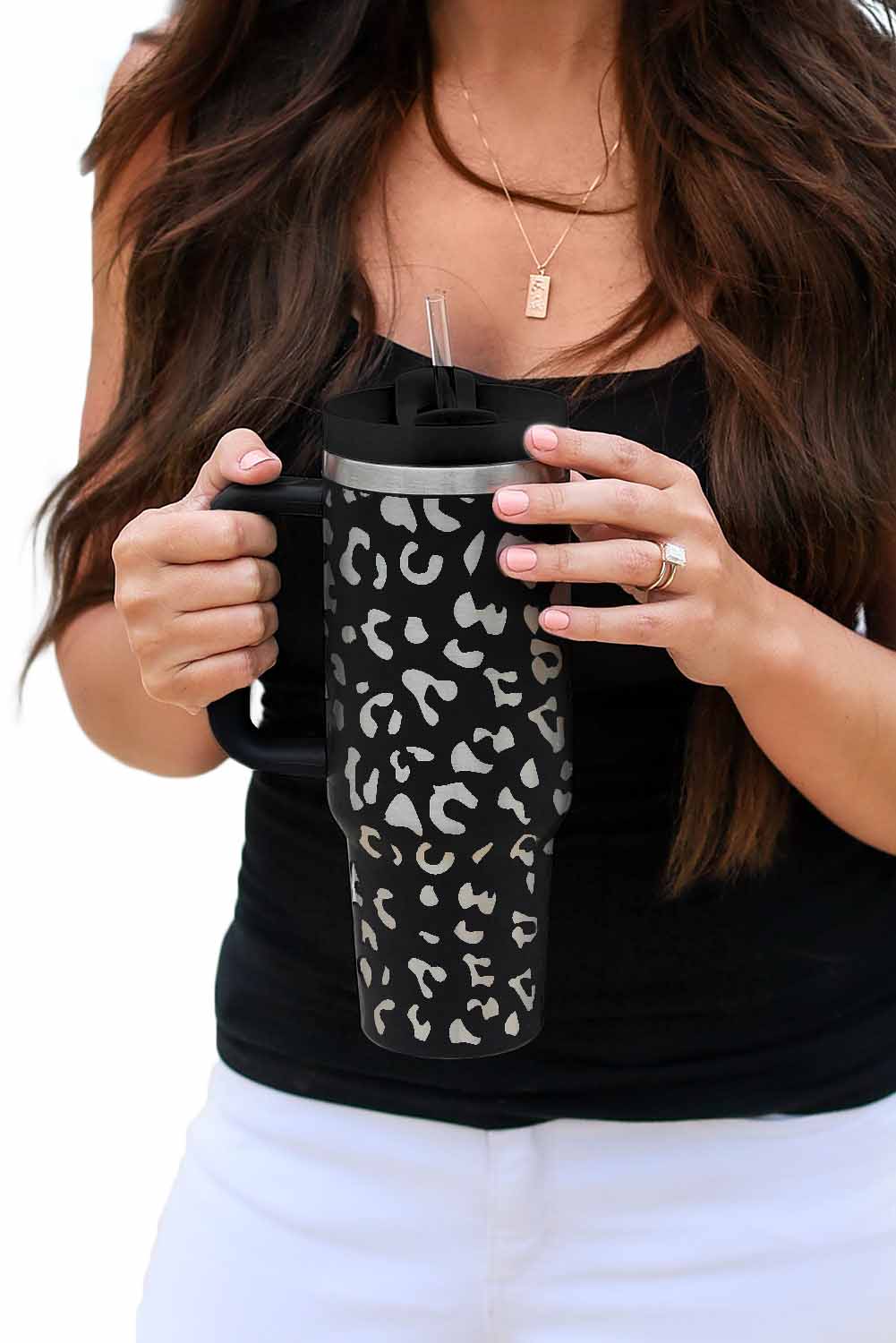 Pink Leopard Print 40OZ Stainless Steel Portable Cup with Handle