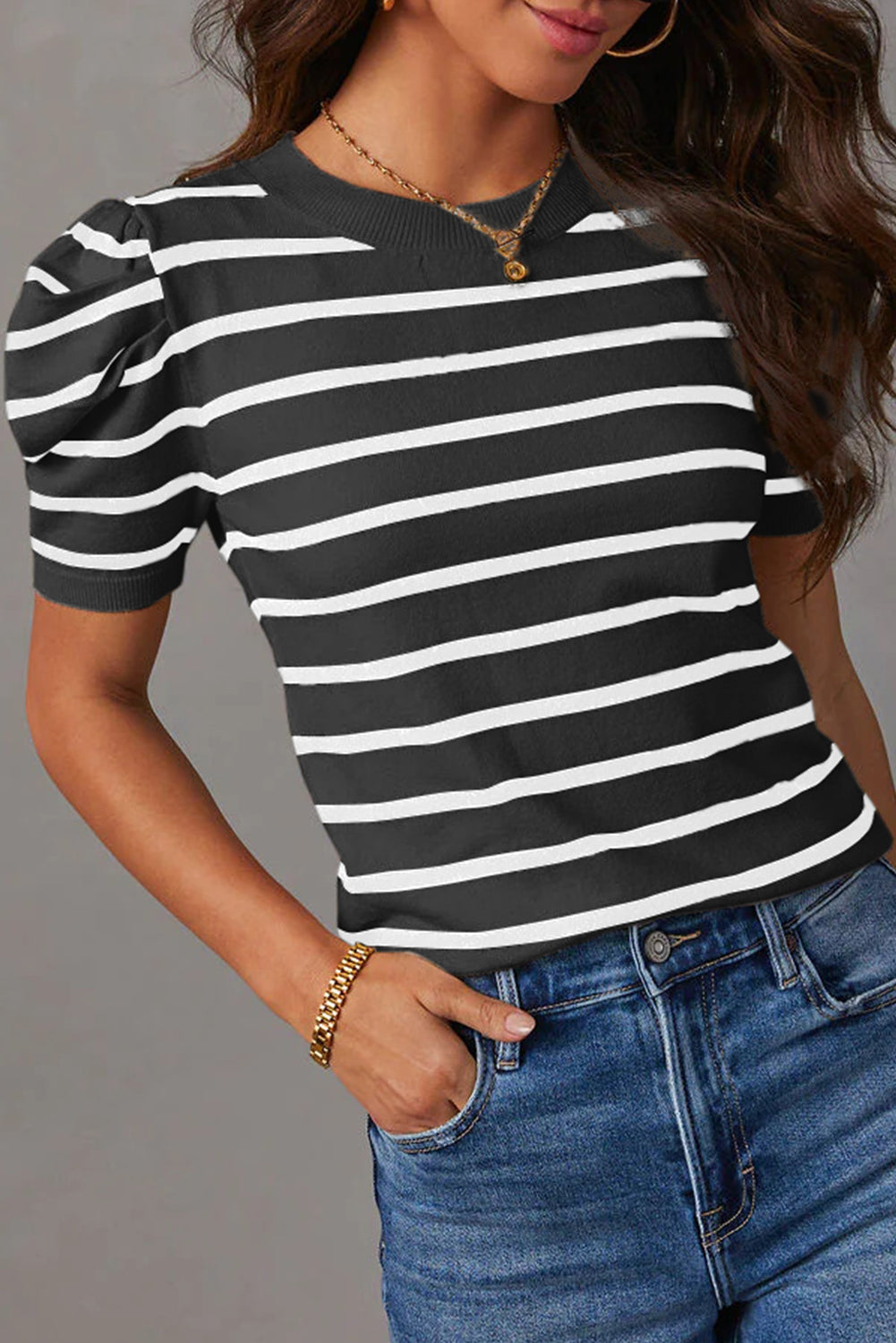 Blue Stripe Ribbed Trim Round Neck Bubble Sleeve Knitted Top