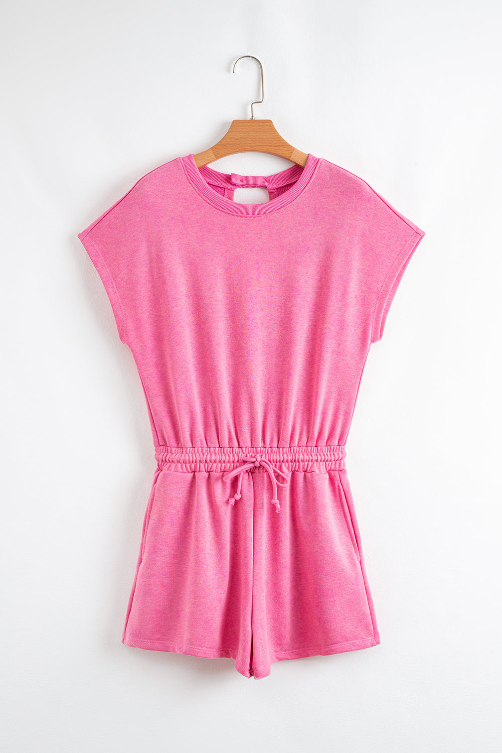 Rose Red Mineral Wash Drawstring Waist Hollow Out Back Short Sleeve Romper