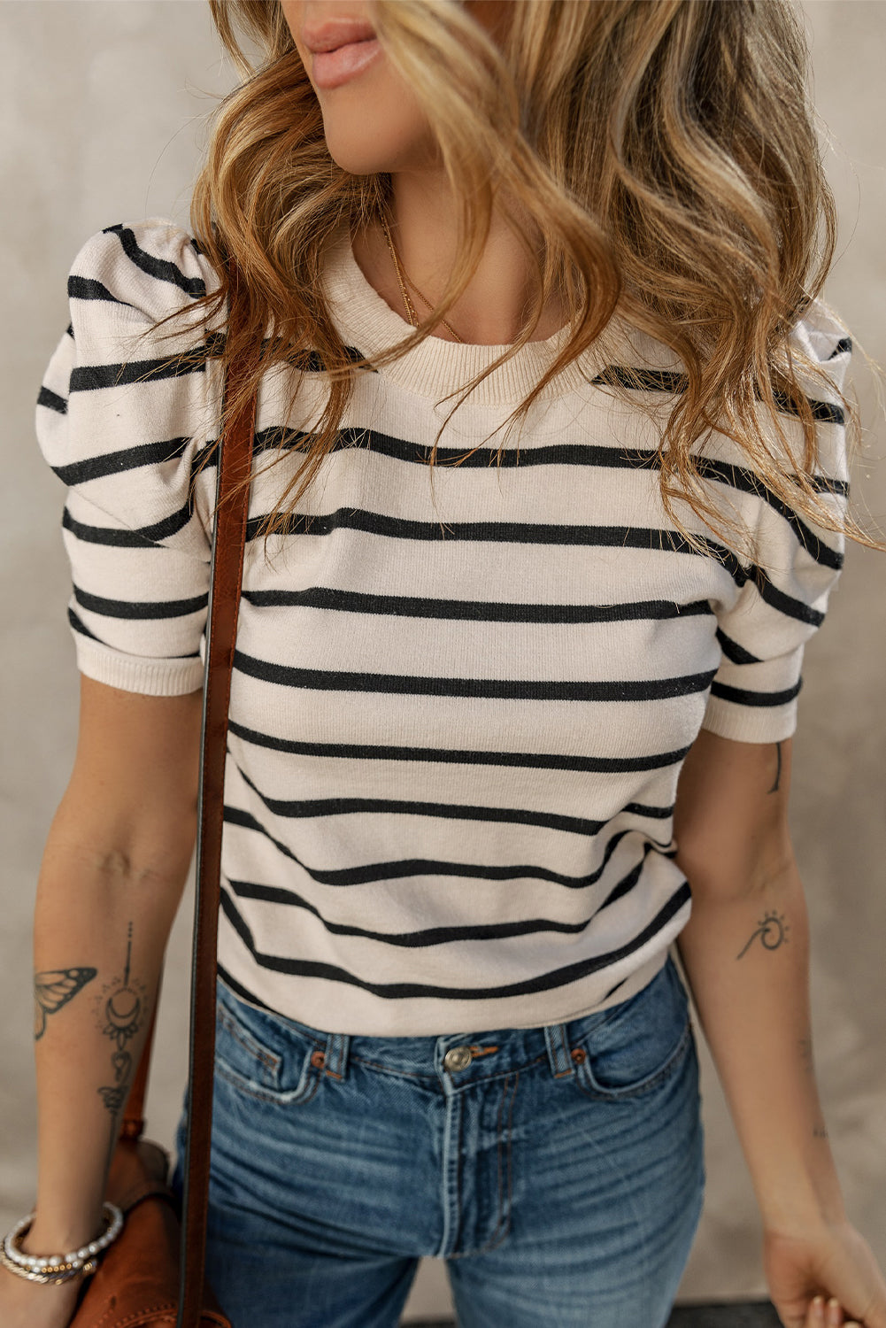 Blue Stripe Ribbed Trim Round Neck Bubble Sleeve Knitted Top