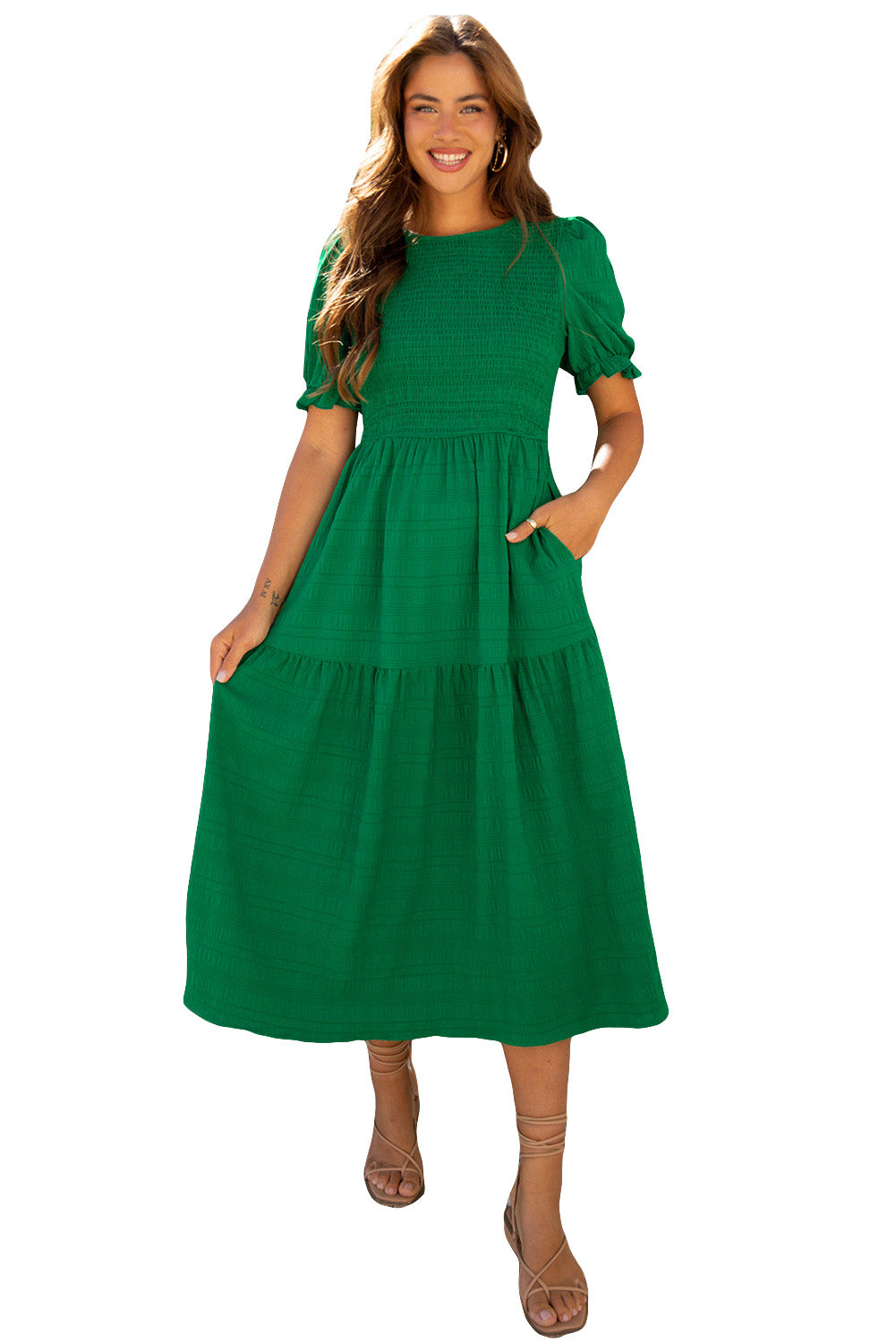 Sail Blue Solid Textured Smocked Puff Short Sleeve High Waist Long Dress