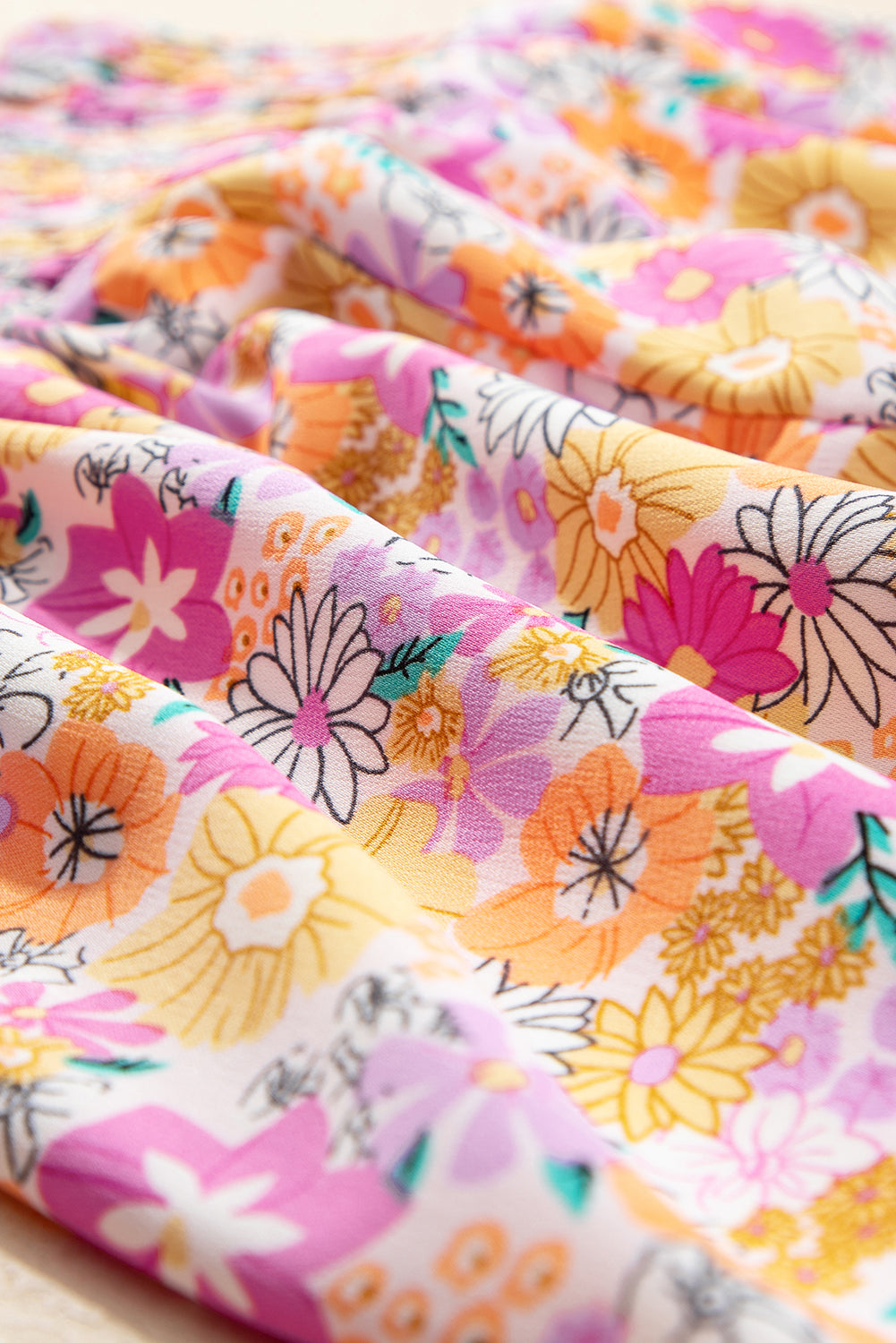 Orange Boho Floral Shirred High Waist Casual Shorts