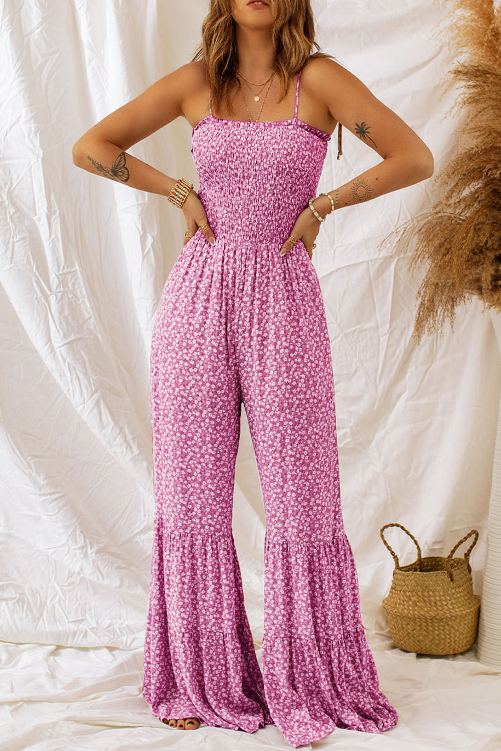 Black Khaki Thin Straps Smocked Bodice Wide Leg Floral Jumpsuit