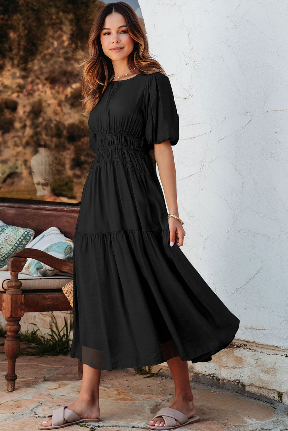 Pink Puff Sleeve Pleated High Waist Flowy Long Dress
