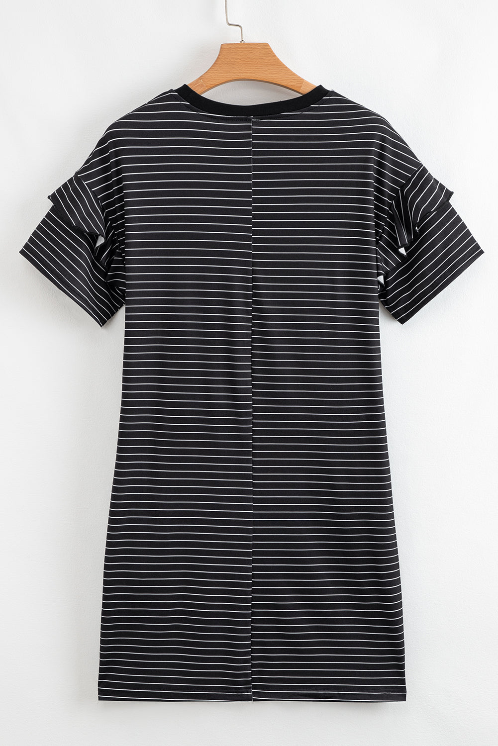 White Stripe Ruffled Short Sleeve Crew Neck T Shirt Shift Mini Dress