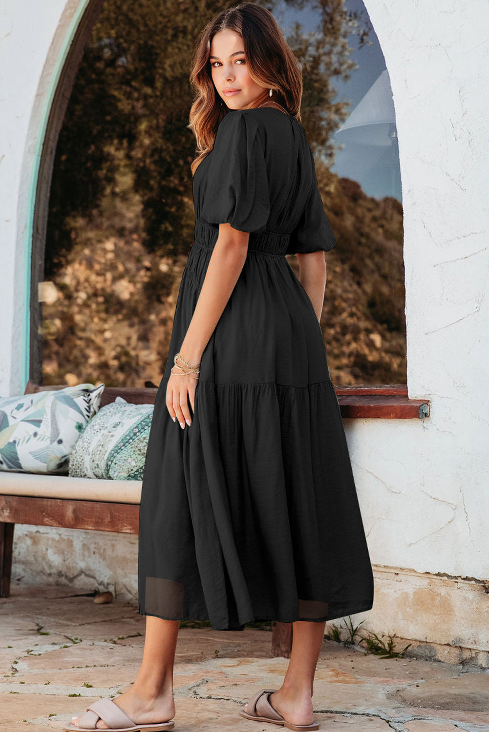 Pink Puff Sleeve Pleated High Waist Flowy Long Dress