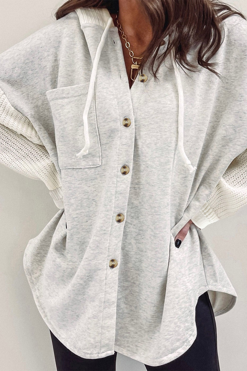 Blackish Green Button Up Contrast Knitted Sleeves Hooded Jacket