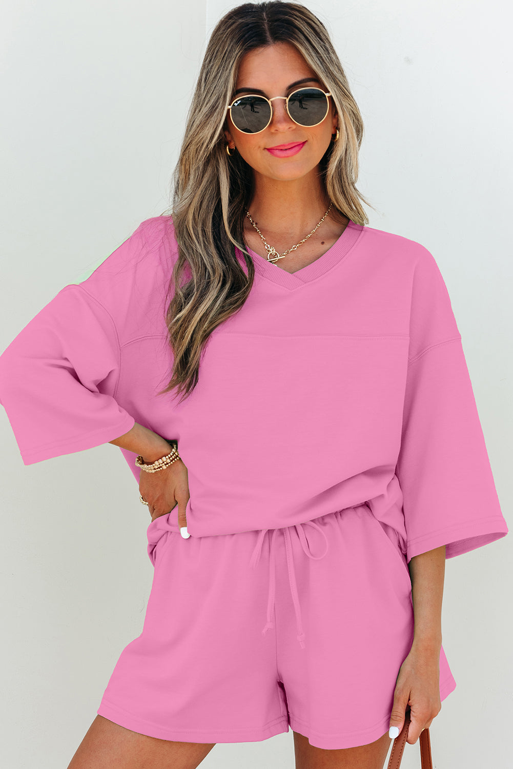 Sea Green Solid Loose V Neck Half Sleeve Tee and Shorts