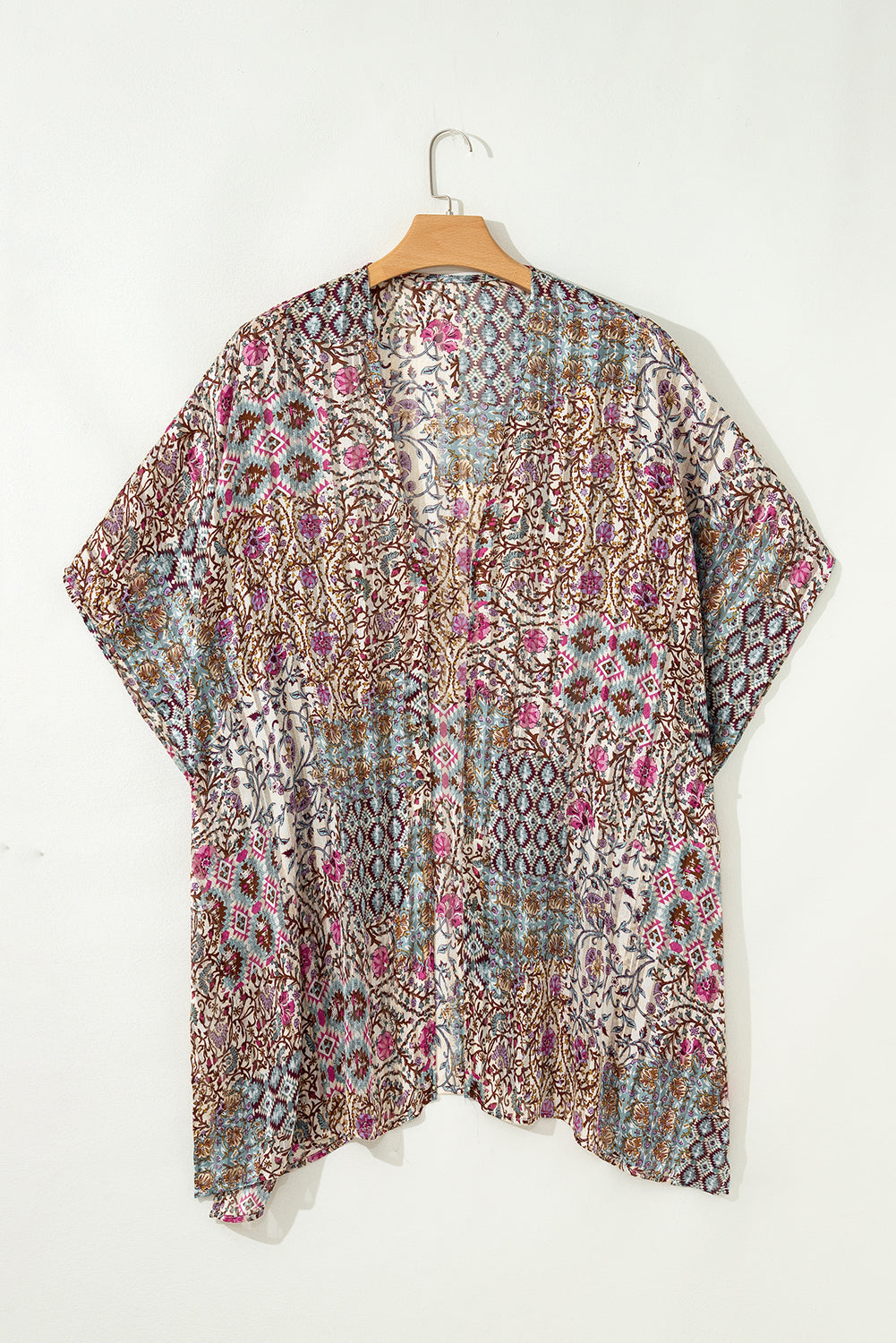 Apricot Floral Print Short Wide Sleeve Open Front Loose Kimono