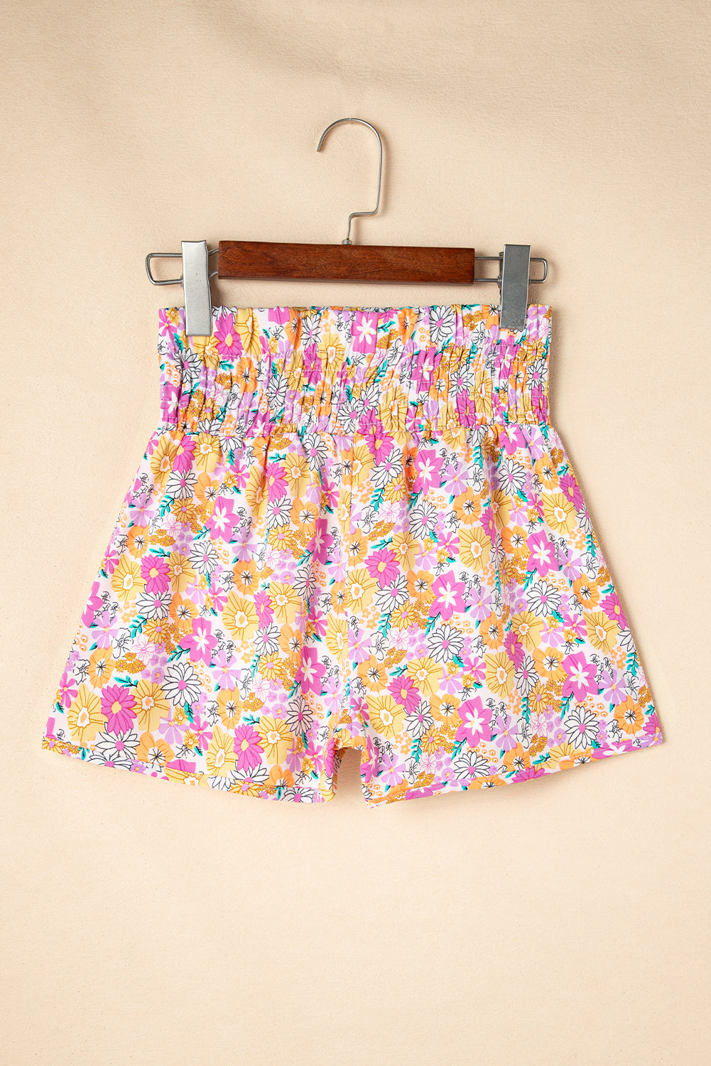 Orange Boho Floral Shirred High Waist Casual Shorts