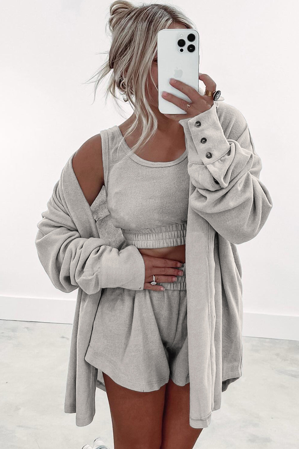 Gray 3 Pcs Crop Tank Top Shorts with Cardigan Lounge Set