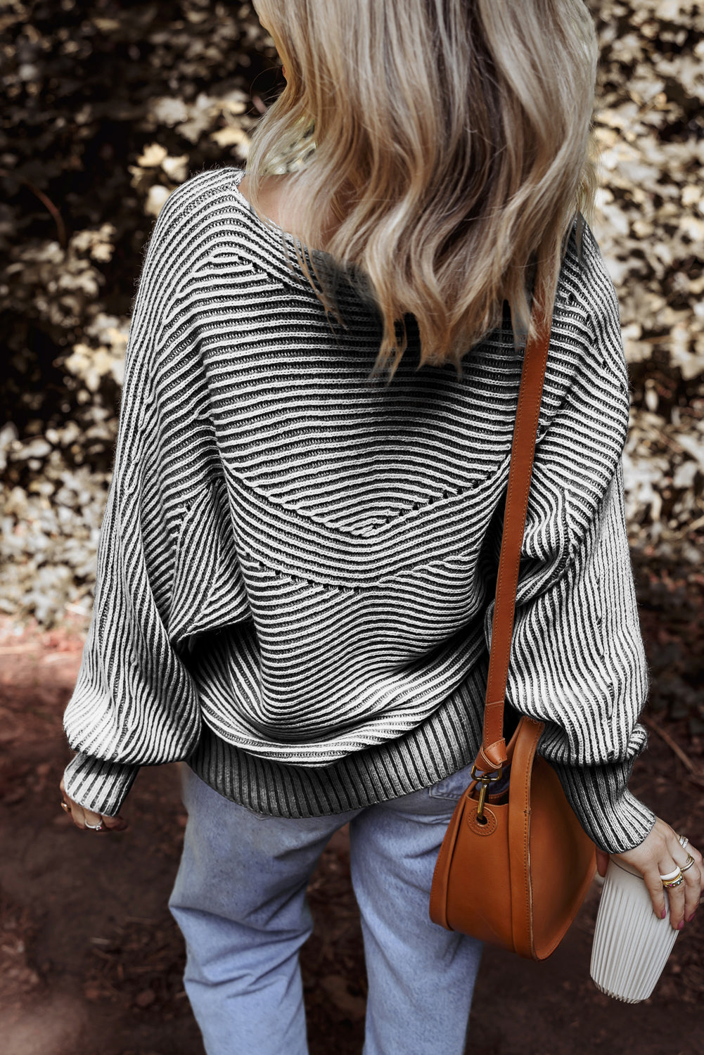 Medium Grey Striped Print Ribbed Knit Boat Neck Baggy Sweater