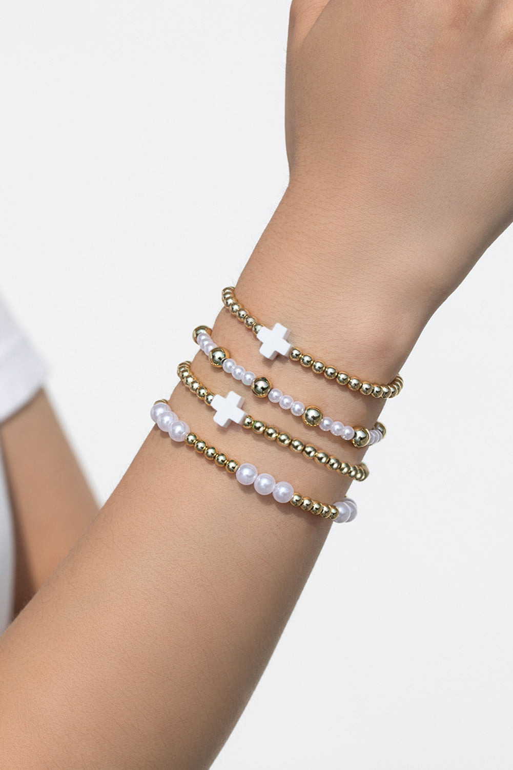 White Cross Pearl Decor Beaded Elastic Multi Layered Bracelet