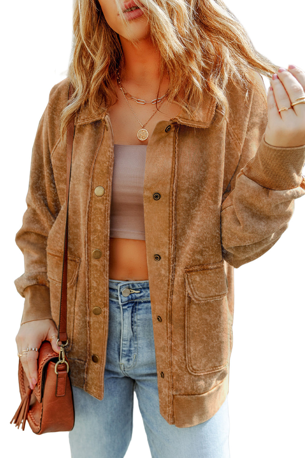 Gray Vintage Washed Flap Pocket Button Shacket