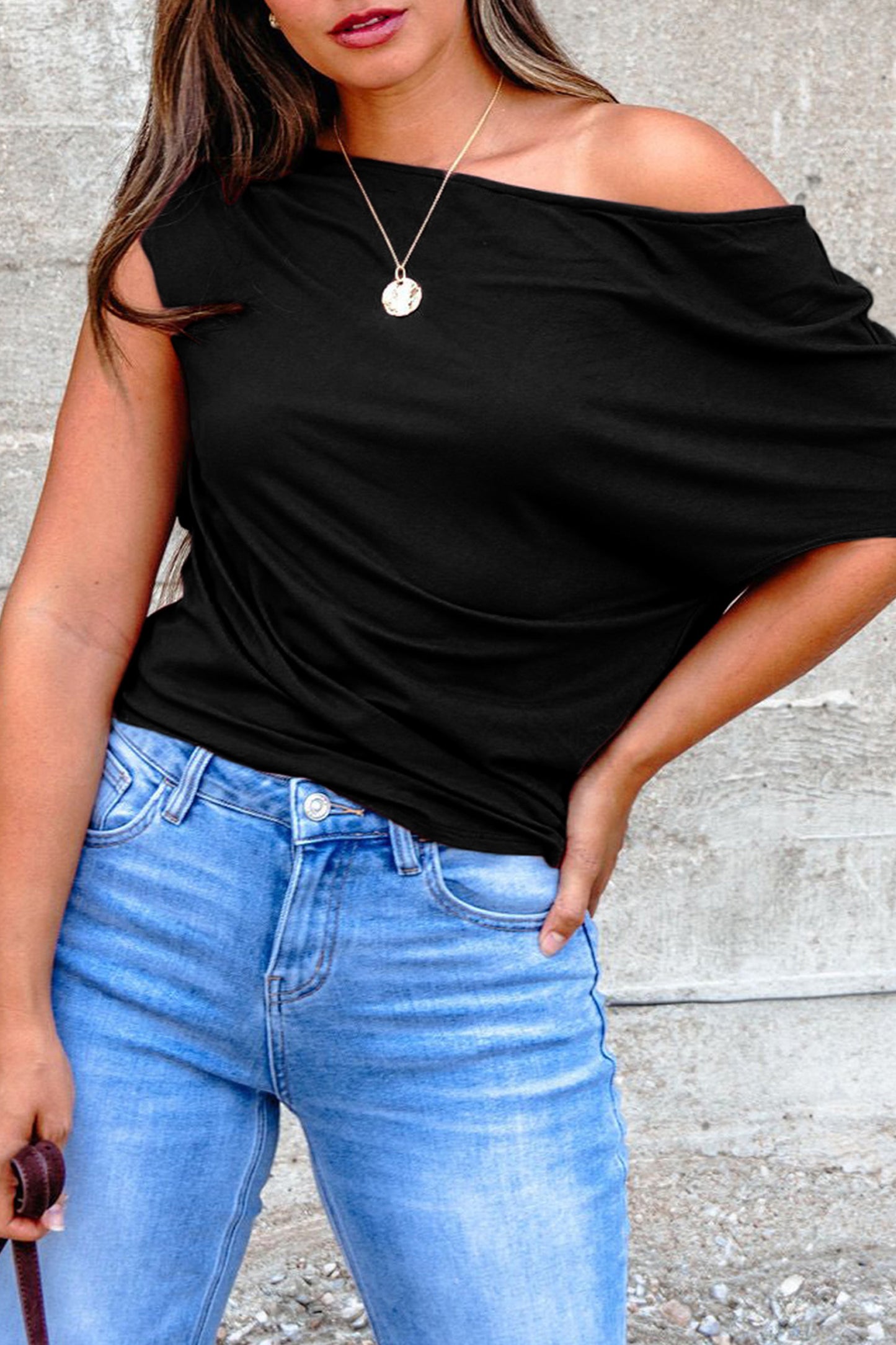 Blue Sapphire Plus Size Solid Color Asymmetric Neck Short Sleeve Blouse