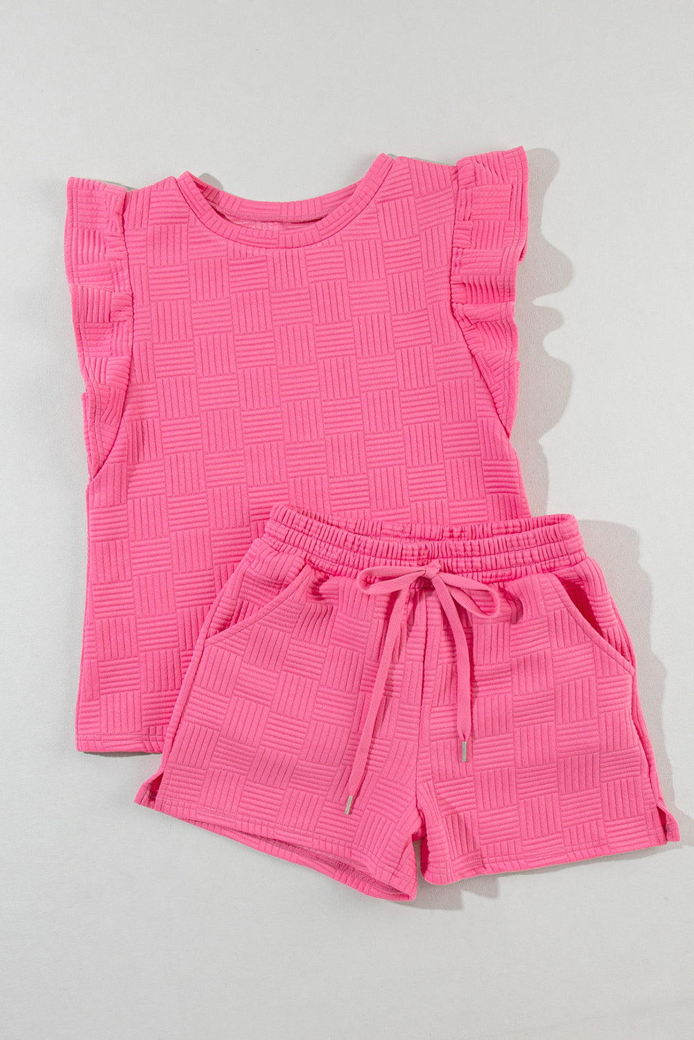 Apricot Textured Ruffled Sleeve Tee and Drawstring Shorts Set