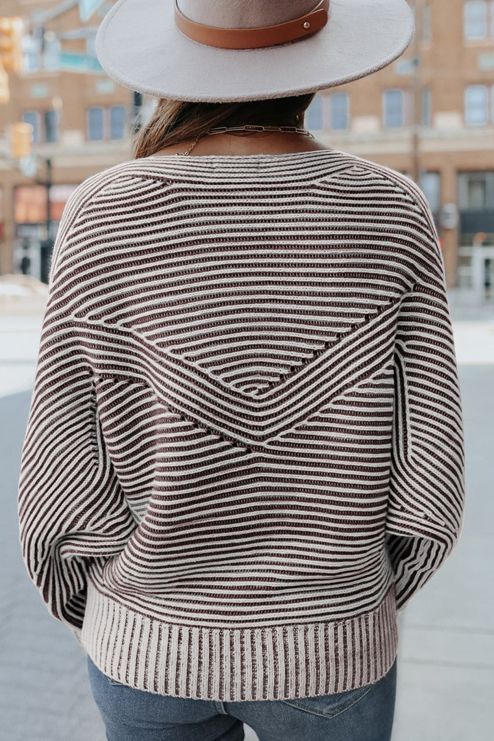 Medium Grey Striped Print Ribbed Knit Boat Neck Baggy Sweater