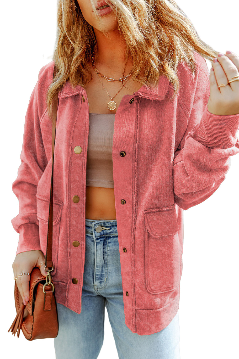 Gray Vintage Washed Flap Pocket Button Shacket