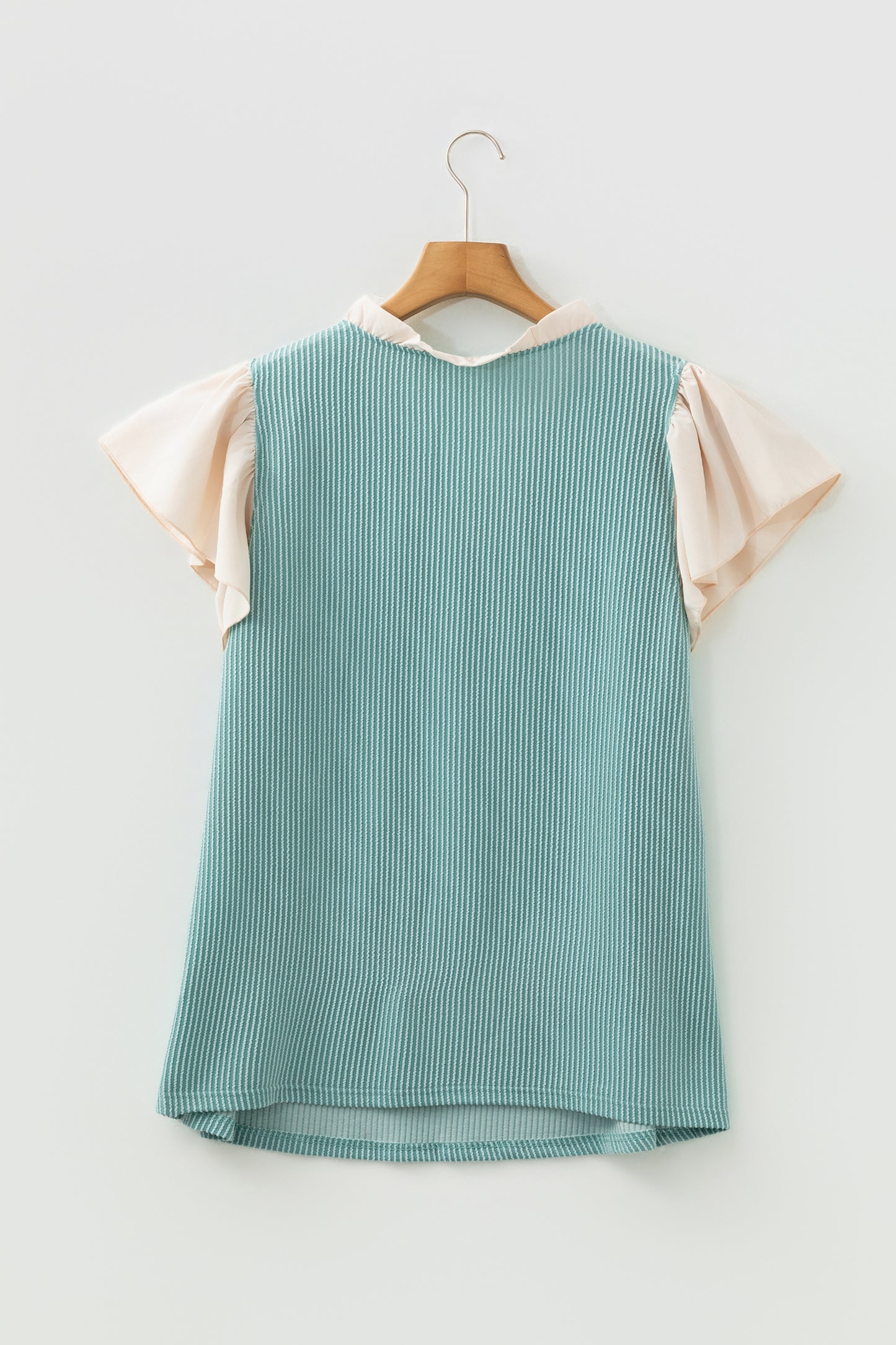 Rose Pink Plus Size Contrast Frilled Neckline Ruffled Short Sleeve Ribbed Textured Blouse