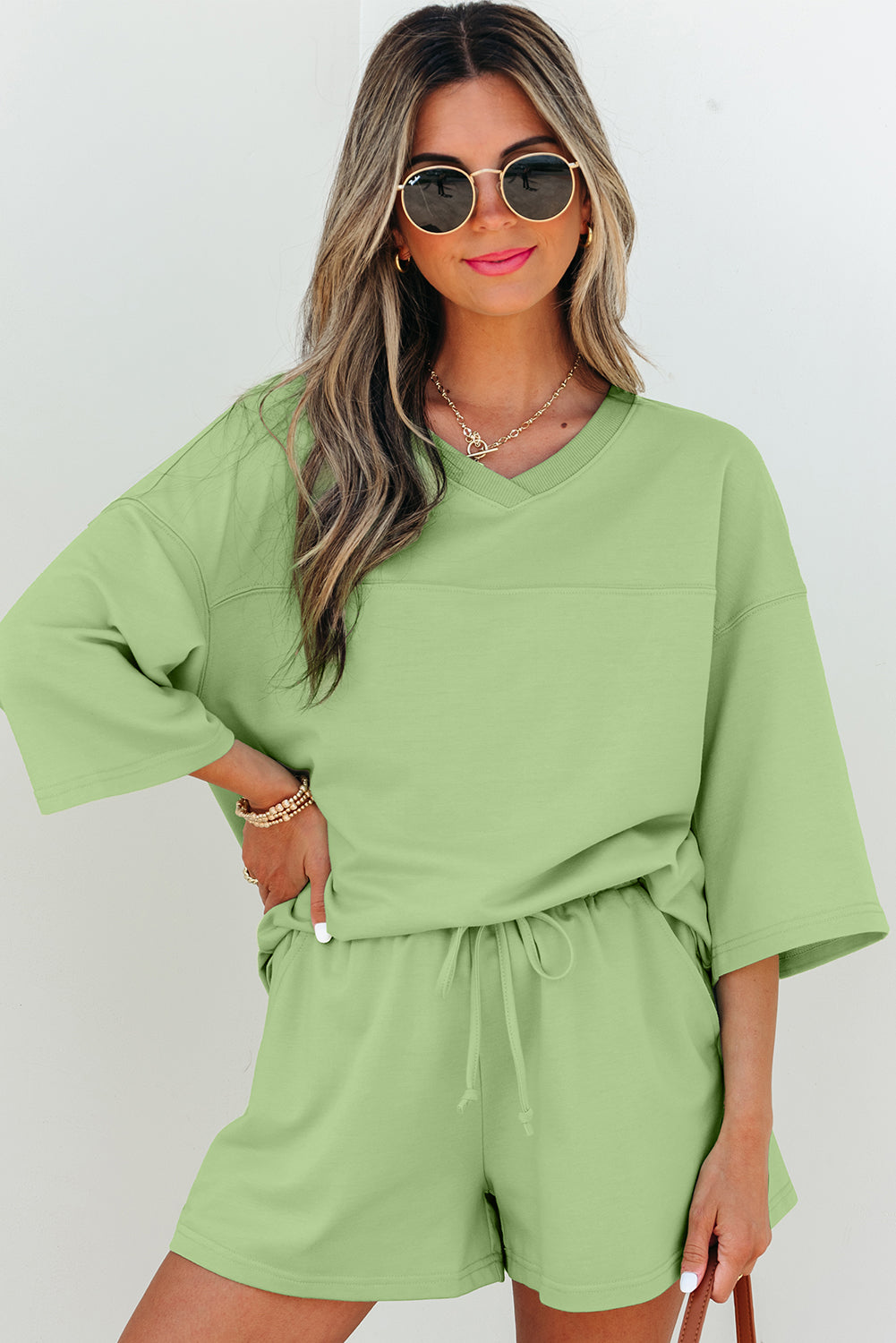 Sea Green Solid Loose V Neck Half Sleeve Tee and Shorts