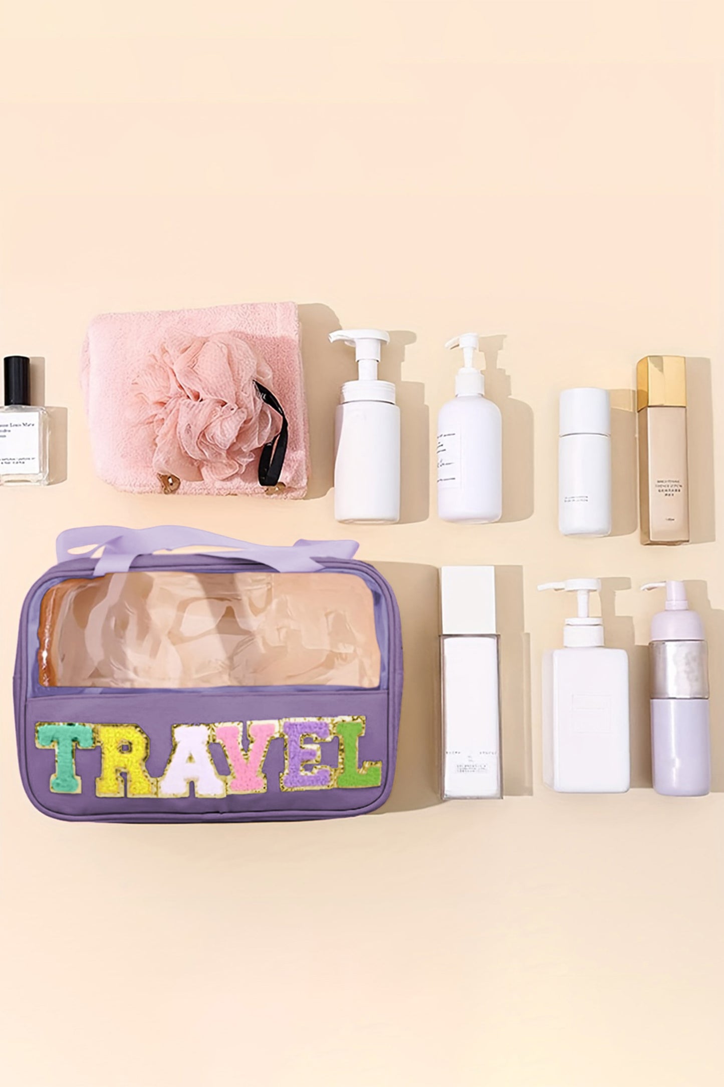 Mint Green TRAVEL Chenille Letter Clear PVC Makeup Bag