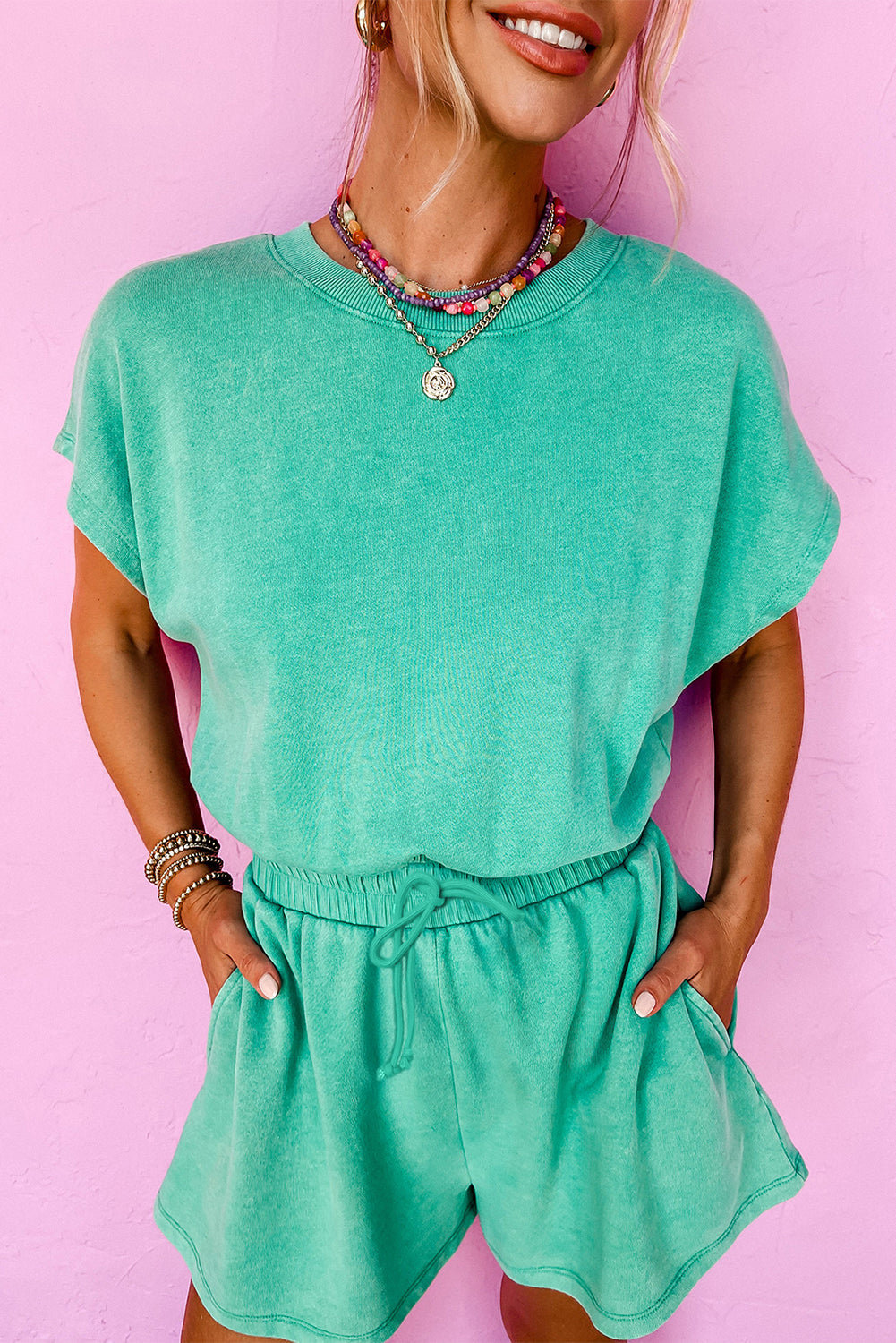 Rose Red Mineral Wash Drawstring Waist Hollow Out Back Short Sleeve Romper