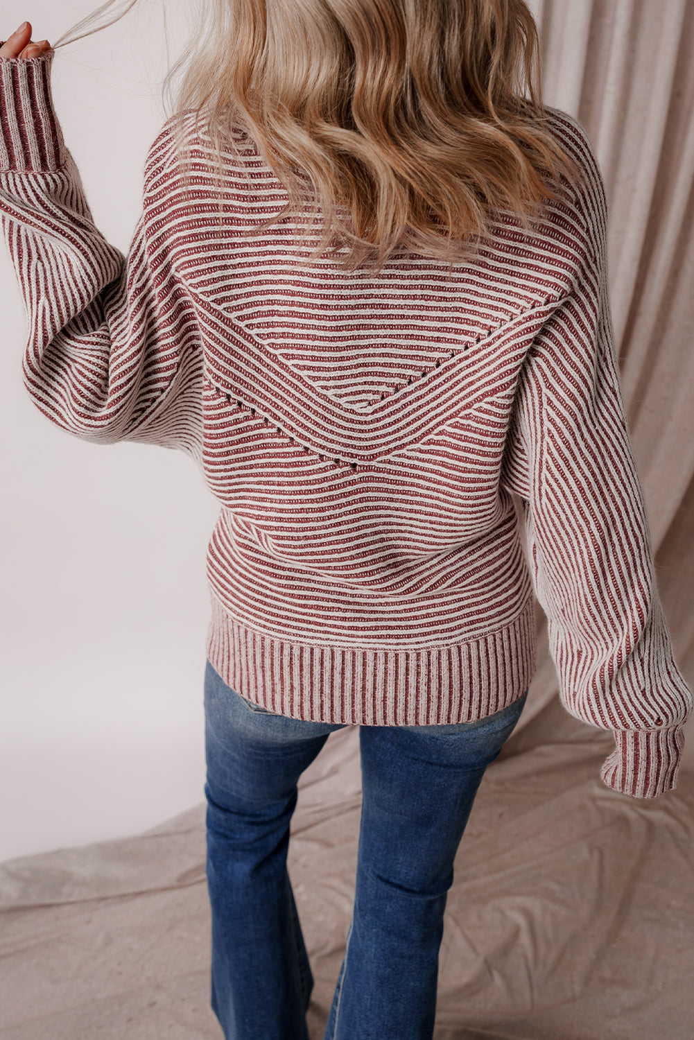 Medium Grey Striped Print Ribbed Knit Boat Neck Baggy Sweater