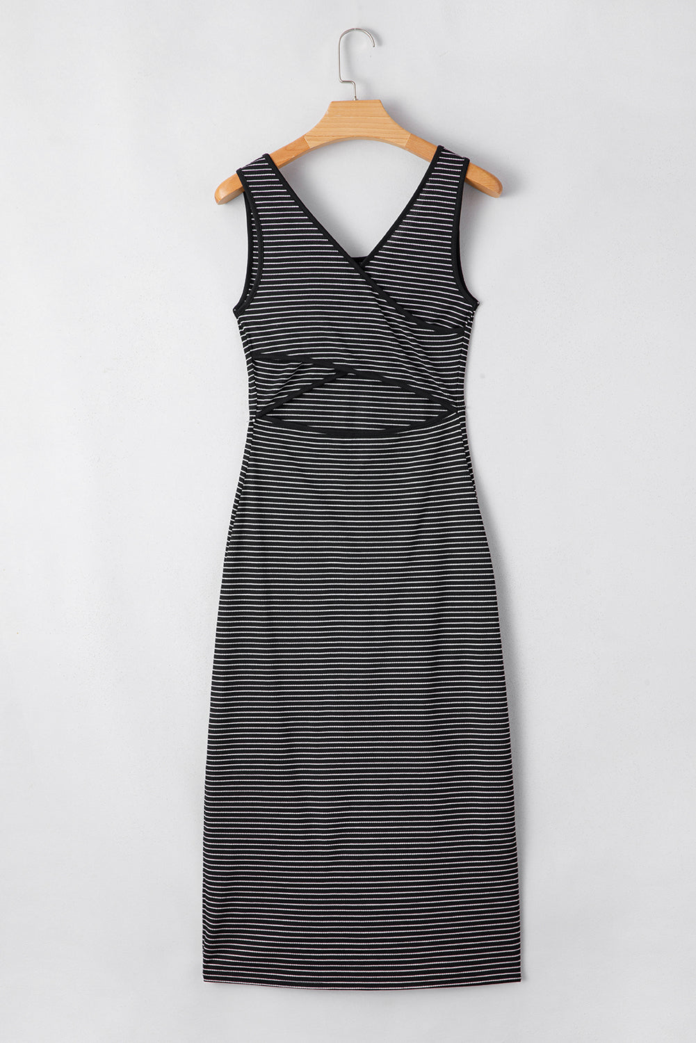 White Stripe Criss Cross Side Slits Slim Fit Sleeveless Midi Dress