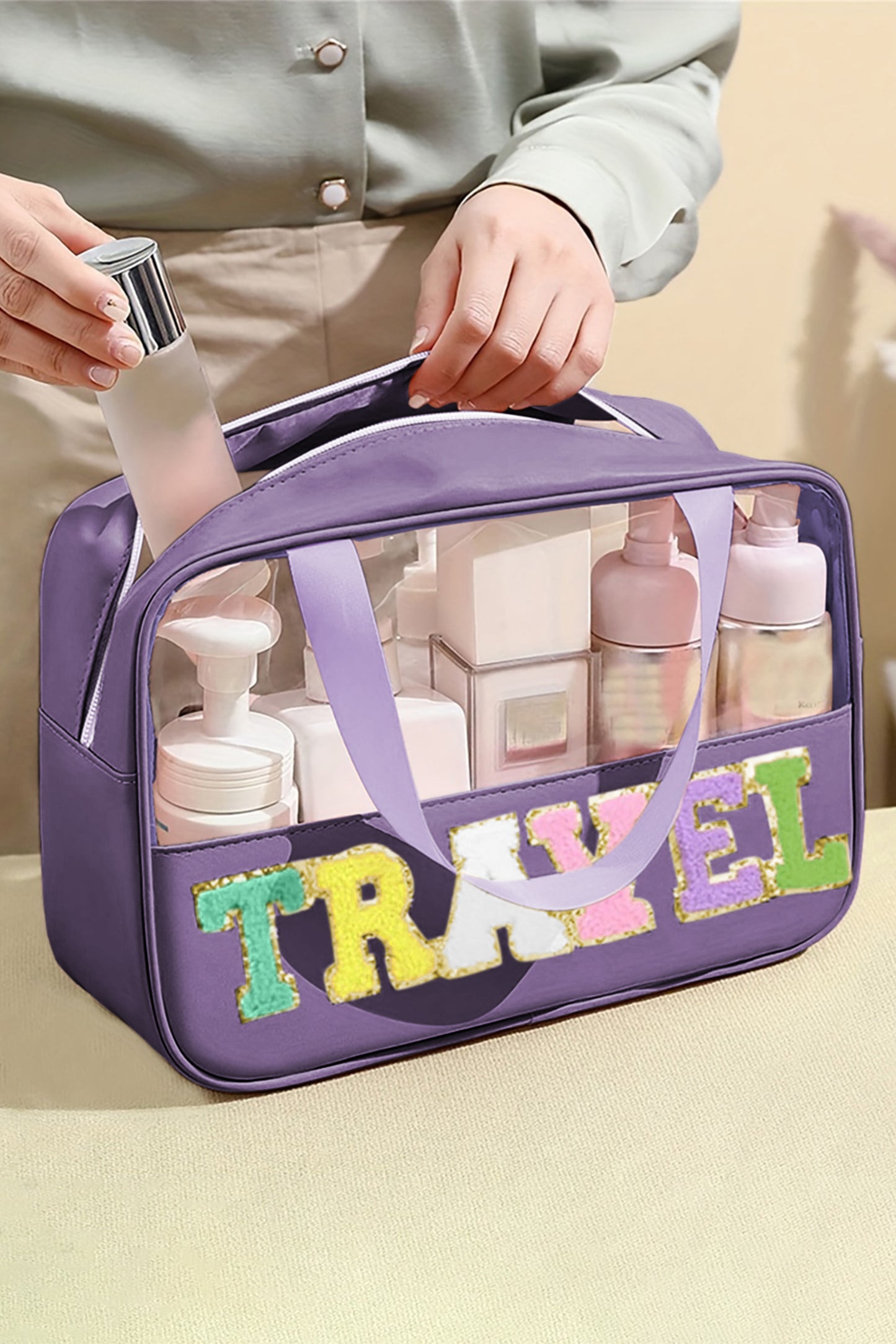 Mint Green TRAVEL Chenille Letter Clear PVC Makeup Bag