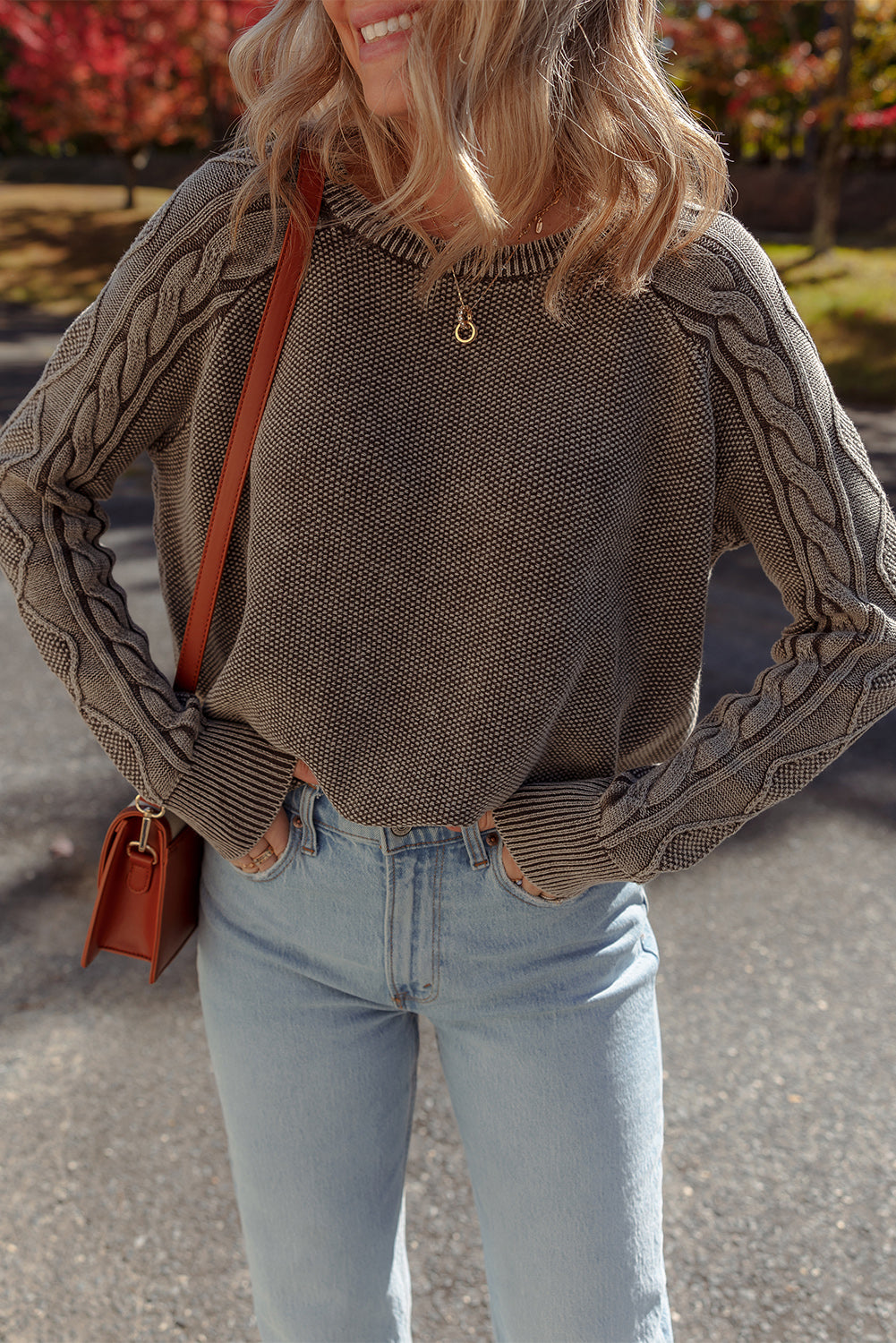 Ashleigh Blue Contrast Cable Knit Sleeve Casual Sweater