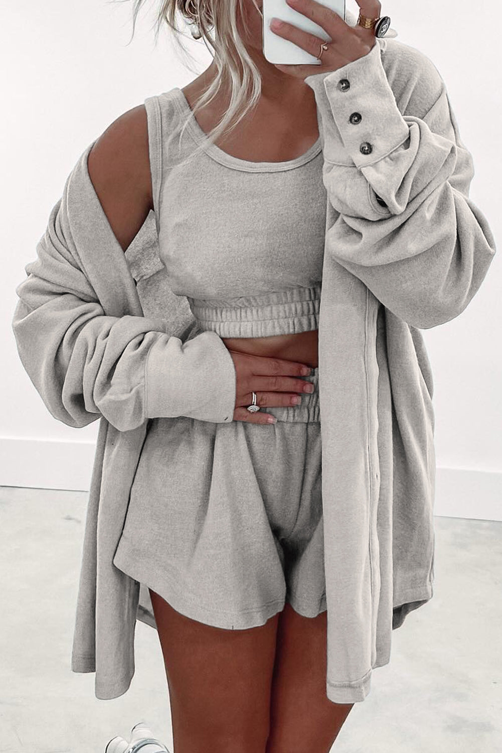 Gray 3 Pcs Crop Tank Top Shorts with Cardigan Lounge Set