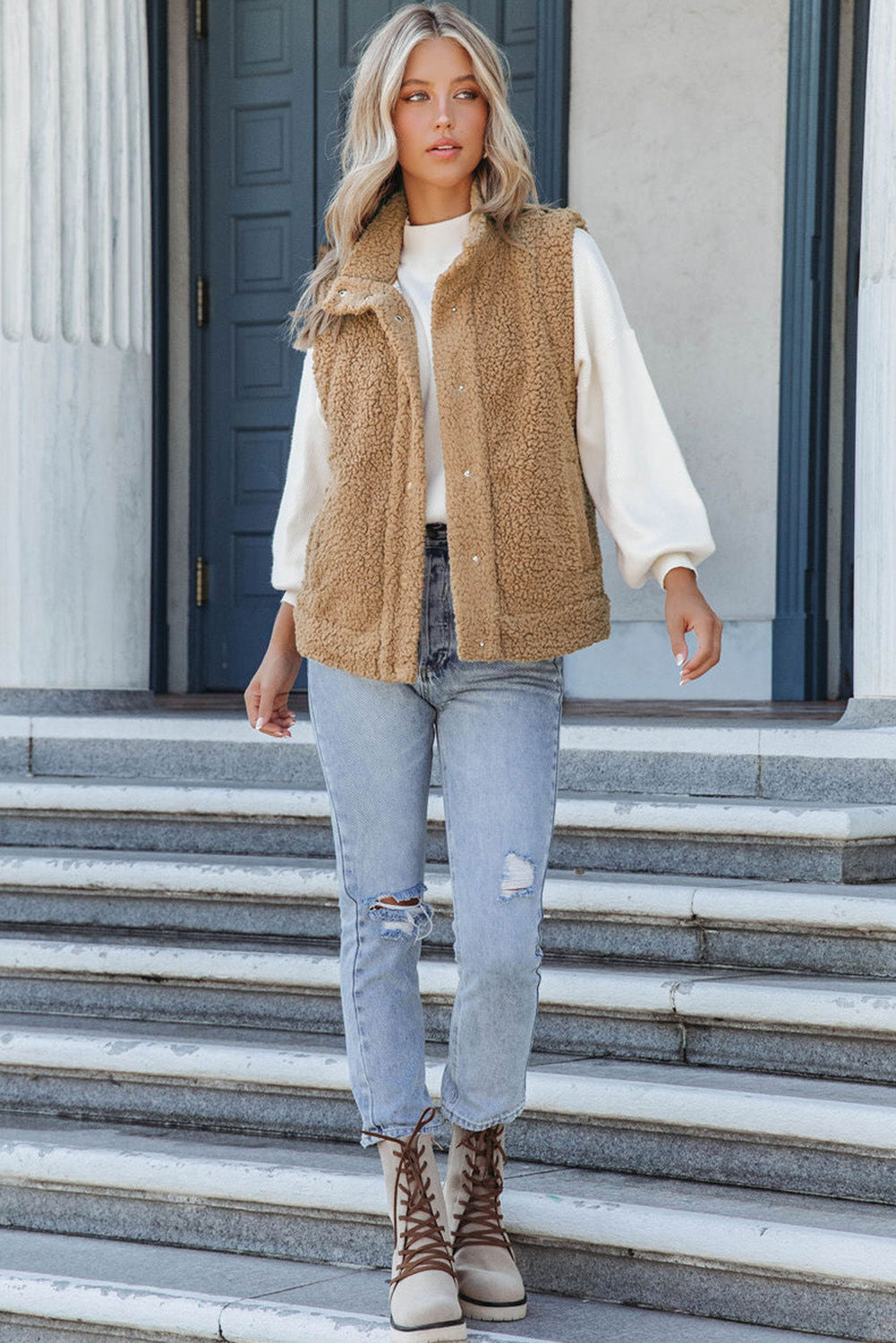 Green Snap Button Pocketed Sherpa Vest Jacket